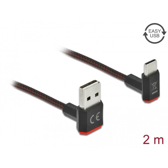 Przewód EASY-USB 2.0 typ A - USB-C męsko-męski kątowy w górę / w dół 2m czarny Delock 85278