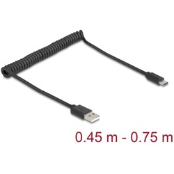 Kabel spiralny USB 2.0 USB typ A - USB-C męsko-męski 0,45m do 0,75m czarny Delock 90368 Kabel spiralny USB 2.0 USB typ A - USB-C męsko-męski 0,45m do 0,75m czarny Delock 90368