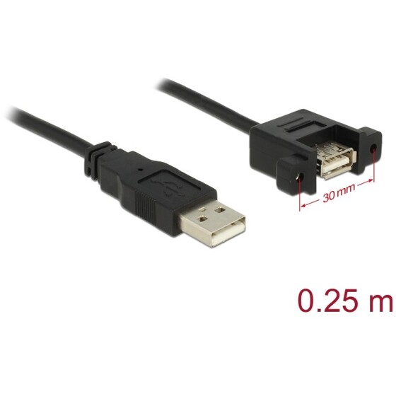 Przewód USB 2.0 typ A wtyk męski - USB 2.0 typ A wtyk żeński do zabudowy panel. 0,25m Delock 85462