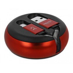 Kabel na szpuli USB typ A USB-C czarny/czerwony Delock 85819