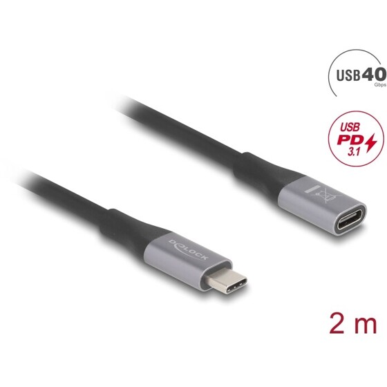 Przedłużacz USB 40Gbps USB-C męsko-żeński PD 3.1 240W 2m szary metalowy Delock 81202