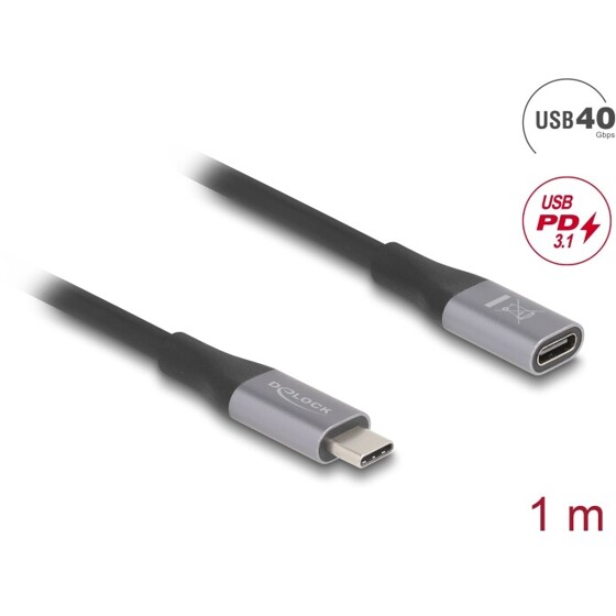 Przedłużacz USB 40Gbps USB-C męsko-żeński PD 3.1 240W 1m szary metalowy Delock 81201