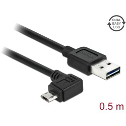 Przewód EASY-USB 2.0 typ A wtyk męski do EASY-USB 2.0 typ micro-B wtyk męski kątowy w lewo / w prawo 50cm czarny Delock 83847