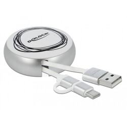 Kabel na szpuli 2w1 USB typ A do micro-B i Lightning biały/srebrny Delock 85821