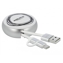Kabel na szpuli 2w1 USB typ A do micro-B i Lightning biały/srebrny Delock 85821