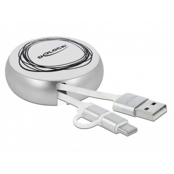 Kabel na szpuli 2w1 USB typ A do micro-B i Lightning biały/srebrny Delock 85821