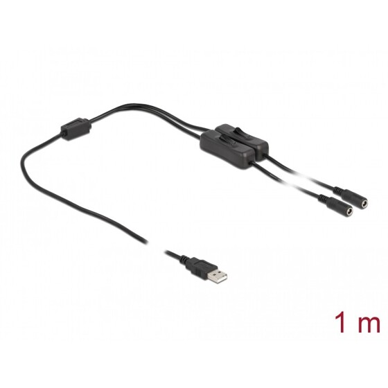 Kabel USB typ A męski do 2x DC 5,5 x 2,1mm żeński z przełącznikiem 1m Delock 86797