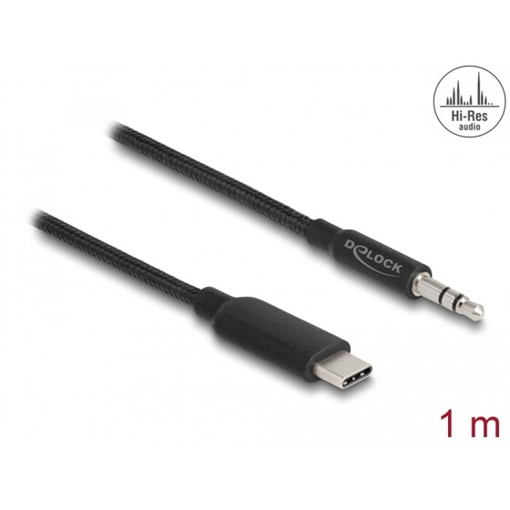 Kabel audio stereo USB-C męski do gniazda stereo męskiego 3-pin. 1m czarny Delock 85208