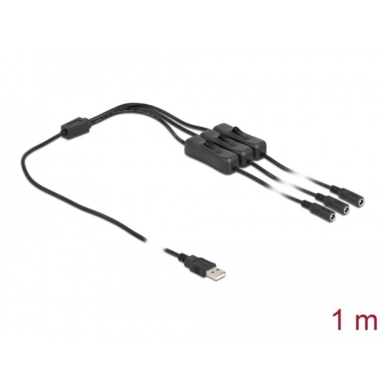 Kabel USB typ A męski do 3x DC 5,5 x 2,1mm żeński z przełącznikiem 1m Delock 86798