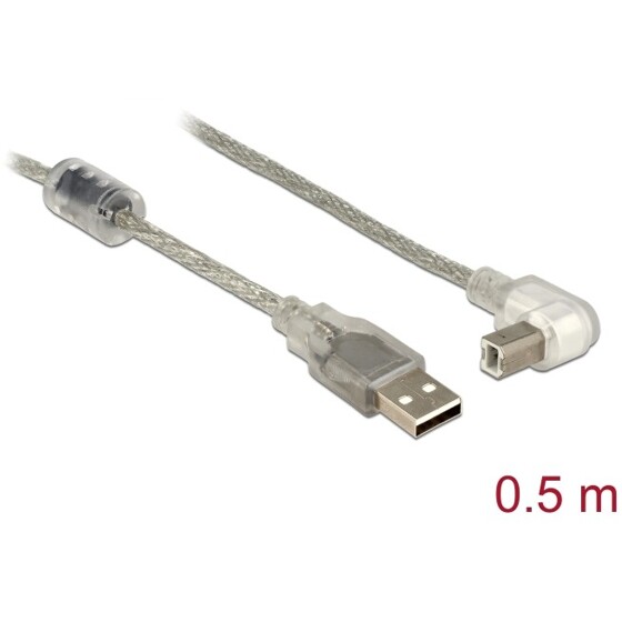 Przewód USB 2.0 typ A męski - USB 2.0 typ B męski kątowy 50cm przezroczysty Delock 84811