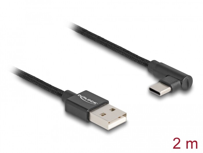 Przewód USB 2.0 typ A wtyk męski do USB-C wtyk męski kątowy 2m czarny Delock 80031