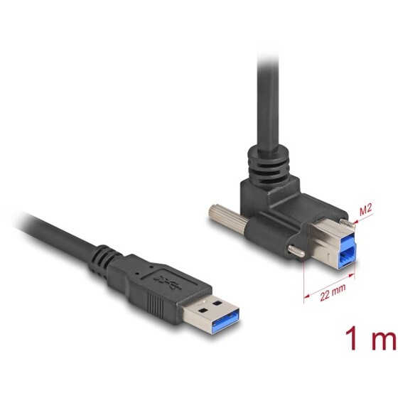 Kabel USB 5Gbps wtyk USB typ A prosty na wtyk USB typ B ze śrubami skierowany do góry pod kątem 90° 1m czarny Delock 80480