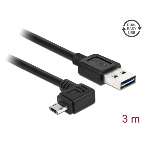 Przewód USB 2.0 typ A na micro-B kątowy 3m czarny Delock 83854
