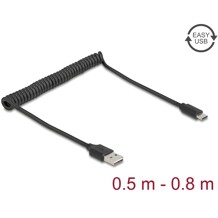 Kabel spiralny EASY-USB 2.0 typ A męski do USB-C męski 50cm do 80cm czarny Delock 90133