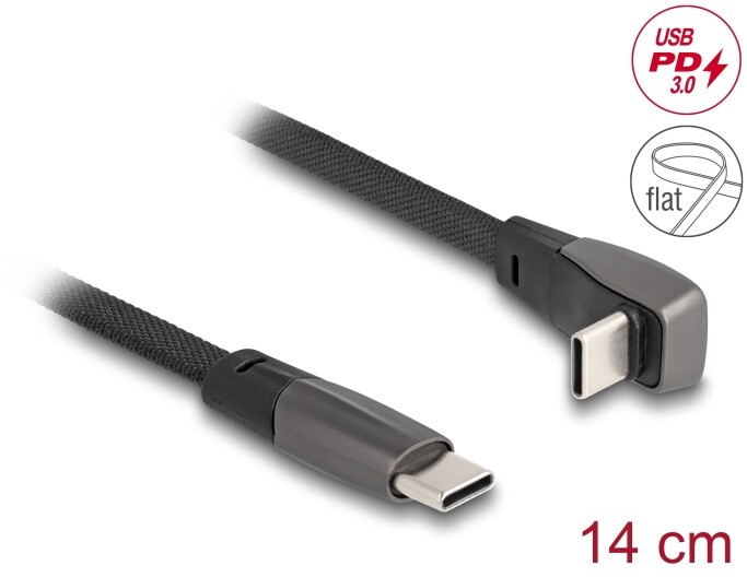 Płaski kabel taśmowy USB 2.0 USB-C męski na USB-C męski kątowy PD 3.0 60W 14cm czarny Delock 80750
