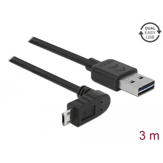 Przewód USB 2.0 typ A na micro-B kątowy 3m czarny Delock 83857