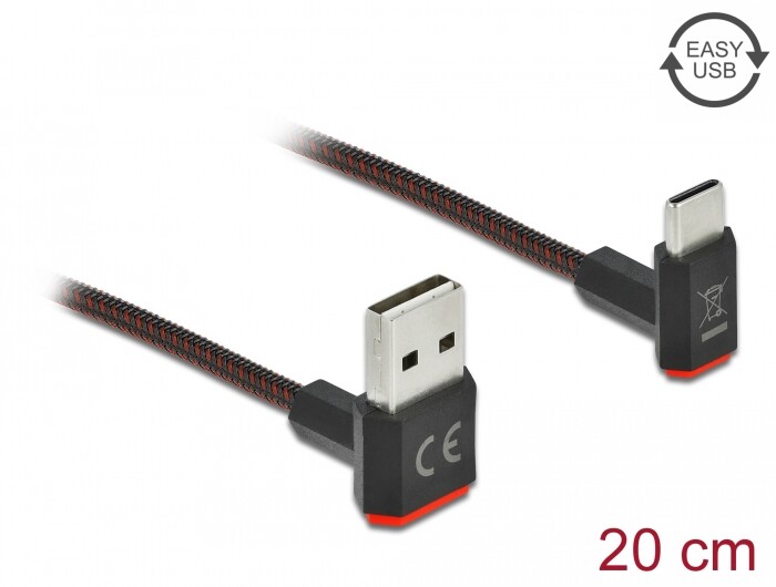 Przewód EASY-USB 2.0 typ A męski do USB-C wtyk męski kątowy w górę / w dół 20cm czarny Delock 85274