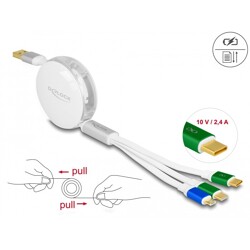 Zwijany kabel ładujący USB 3w1 typ A na micro USB / 2x USB-C z szybkim ładowaniem biały Delock 85358