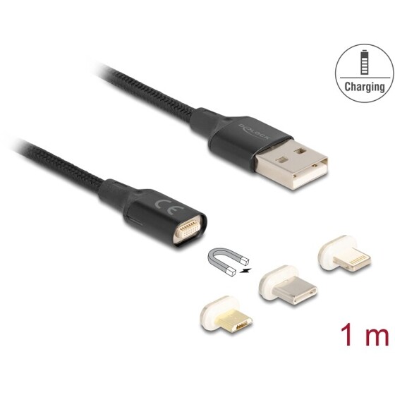 Magnetyczny zestaw kabel ładujący USB dla 8 pin Lightning / micro USB / USB-C czarny 1m Delock 88165
