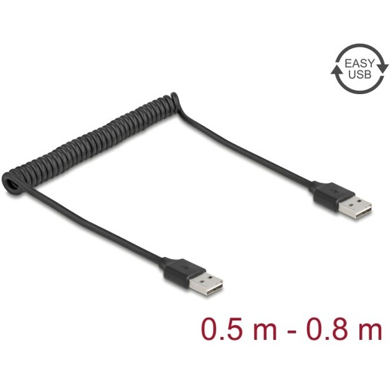 Kabel spiralny EASY-USB 2.0 typ A męski do EASY-USB typ A męski 50cm do 80cm czarny Delock 90124