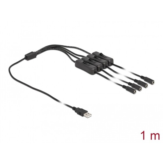 Kabel USB typ A męski do 4x DC 5,5 x 2,1mm żeński z przełącznikiem 1m Delock 86799