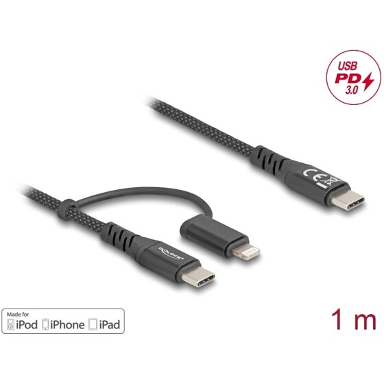 Kabel USB 2 w 1 USB-C na USB-C / Lightning dla iPhone i iPad 1m MFi 60W Delock 81170