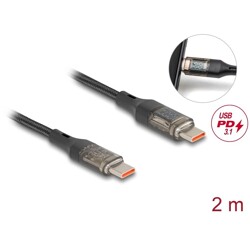 Kabel USB 2.0 danych i szybkiego ładowania USB-C męsko-męski PD 3.0 100W przezroczysty z wskaźnikiem zasilania 2m Delock 85409