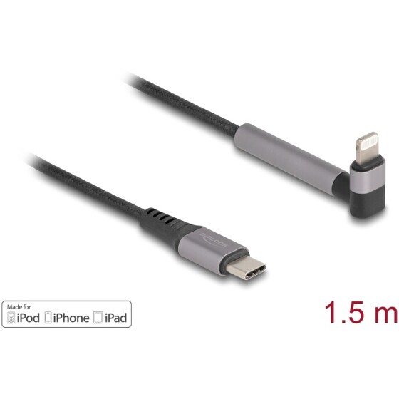 Kabel do transmisji danych i ładowania USB-C na Lightning kątowy z funkcją stojaka czarny 1,5m MFi Delock 85405