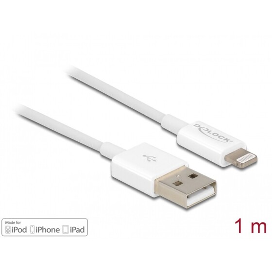 Przewód do transmisji danych USB i do zasilania na Lightning biały 1m Delock 83000