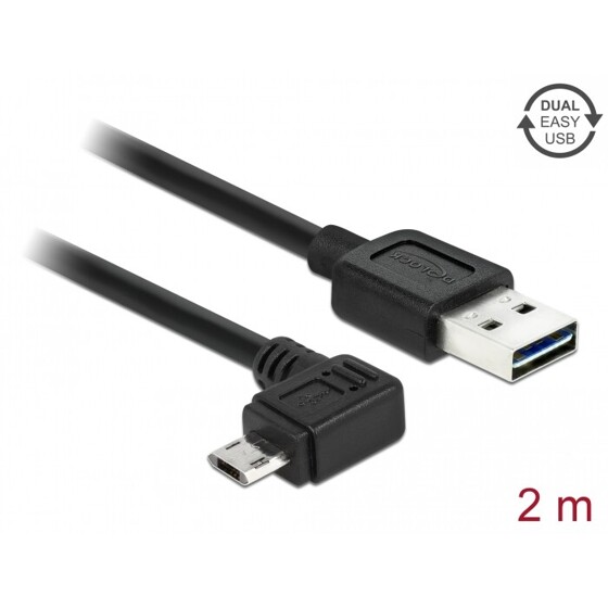 Przewód EASY-USB 2.0 typ A wtyk męski do EASY-USB 2.0 typ micro-B wtyk męski kątowy w lewo / w prawo 2m czarny Delock 83853