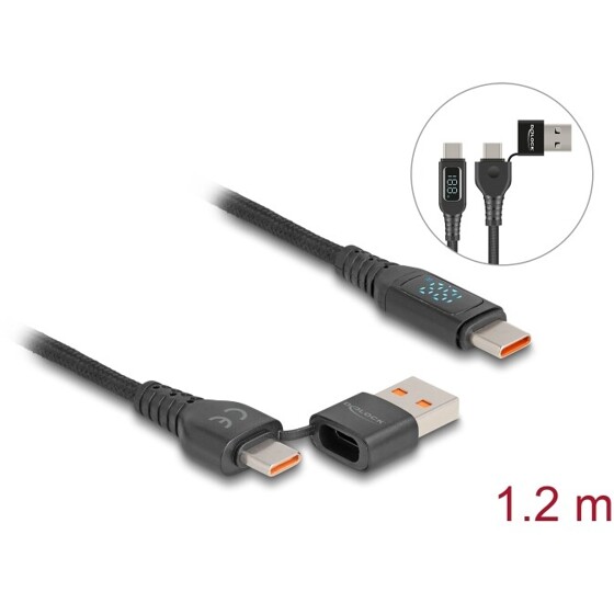Kabel danych i szybkiego ładowania USB 2.0 USB-C + USB typ A - USB-C męsko-męski PD 3.1 140W ze wskaźnikiem mocy 1,2m Delock 881