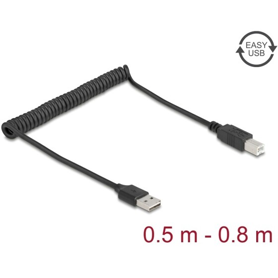 Kabel spiralny EASY-USB 2.0 typ A męski do USB typ B męski 50cm do 80cm czarny Delock 90130