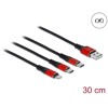 Kabel ładowarki USB 3w1 typ A do Lightning / 2x USB-C 30cm czarny / czerwony Delock 86708