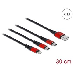 Kabel ładowarki USB 3w1 typ A do Lightning / 2x USB-C 30cm czarny / czerwony Delock 86708