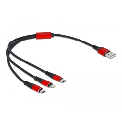 Kabel ładowarki USB 3w1 typ A do Lightning / 2x USB-C 30cm czarny / czerwony Delock 86708