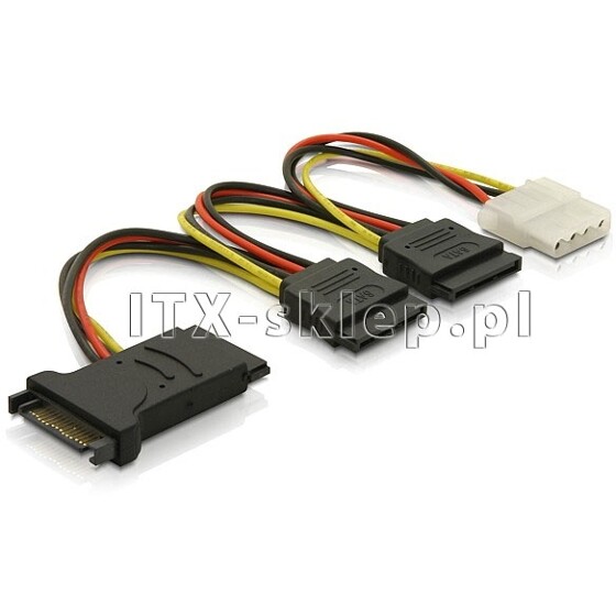 Kabel zasilający SATA męski - 2xSATA żeński + 1xMolex 15cm