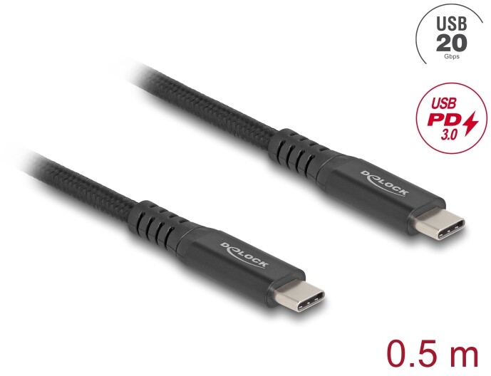 Kabel USB 20Gbps USB-C męsko-męski PD 3.0 100W 50cm czarny metalowy Delock 80023