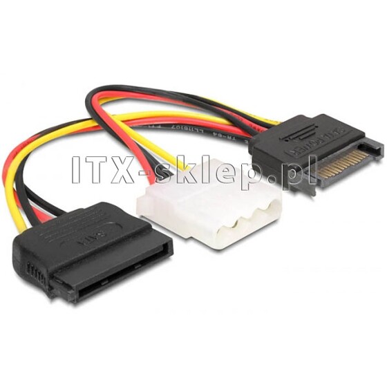 Kabel zasilający SATA męski - Molex żeński + SATA żeński 16,5cm