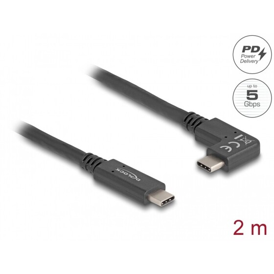 Kabel USB 5Gbps USB-C męski na USB-C męski kątowy w lewo / w prawo 2m 4K PD 60W z Delock 80038
