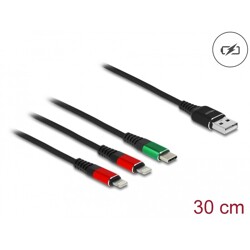 Kabel ładowarki USB 3w1 typ A do 2x Lightning / USB-C 30cm Delock 87881