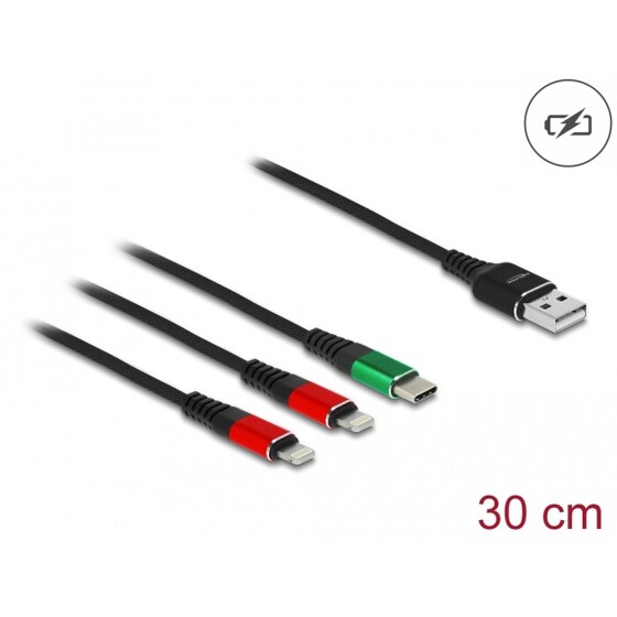 Kabel ładowarki USB 3w1 typ A do 2x Lightning / USB-C 30cm Delock 87881