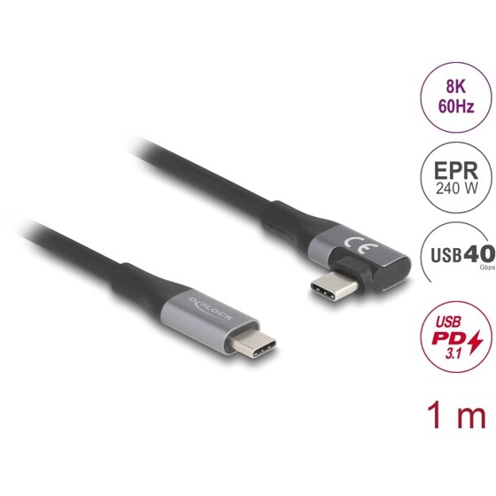 Kabel USB 40Gbps kątowy w lewo / w prawo USB PD 3.1 240W 1m Delock 81131