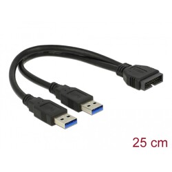 Kabel USB 3.0 wtyk 2,00 mm raster 20 pin - 2x USB 3.0 typ A wtyk 25cm Delock 83910