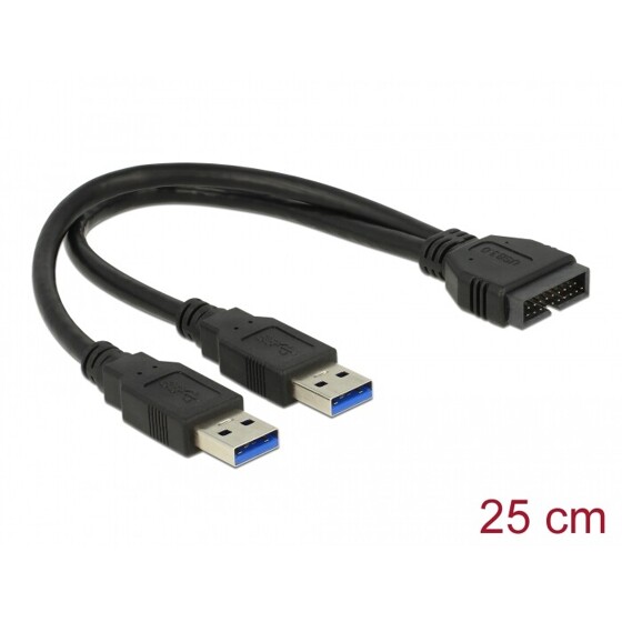 Kabel USB 3.0 wtyk 2,00 mm raster 20 pin - 2x USB 3.0 typ A wtyk 25cm Delock 83910