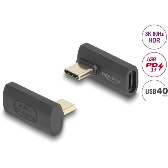 Adapter USB 40Gbps USB-C PD 3.1 240W męsko-żeński obrócony kątowy w lewo / w prawo 8K 60Hz Delock 60244