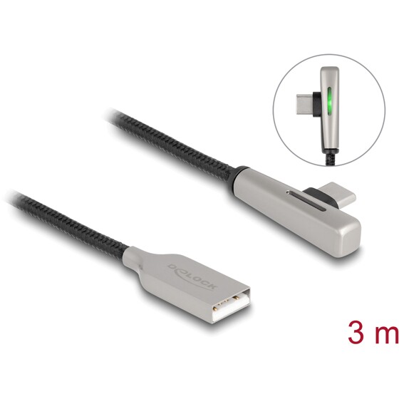 Kabel USB 2.0 typ A męski na USB-C męski kątowy z diodą LED i funkcją szybkiego ładowania 60W 3m Delock 80768