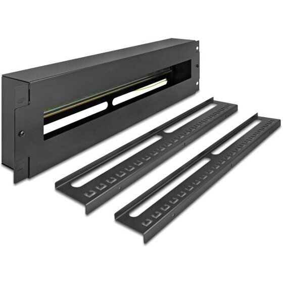 Panel do zarządzania kablami z pokrywą i szyną DIN 3U metalowy czarny Delock 67197