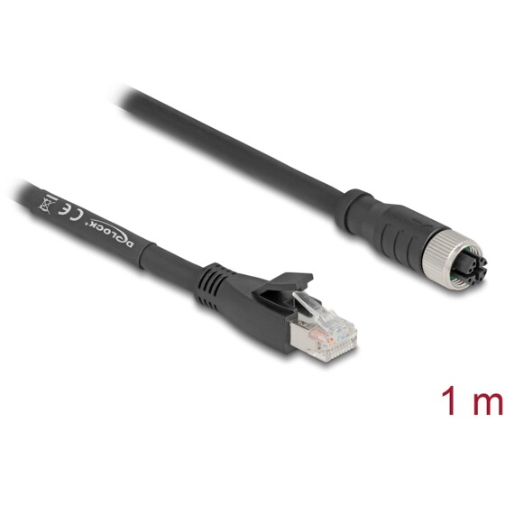 Przewód adapter IP67 M12 X-coded 8-pin żeński - RJ45 Cat.5e męski czarny 1m Delock 80589