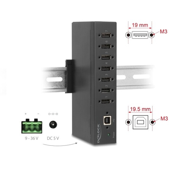 Hub przemysłowy 7x USB 2.0-A ESD 15kV montaż na szynie DIN Delock 60687