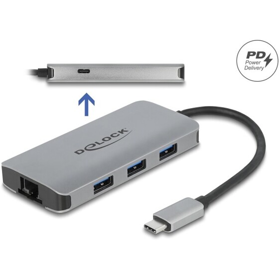 Hub USB 3.2 Gen 1 5Gbps 4-portowy + Gigabit LAN + Power Delivery Delock 63252